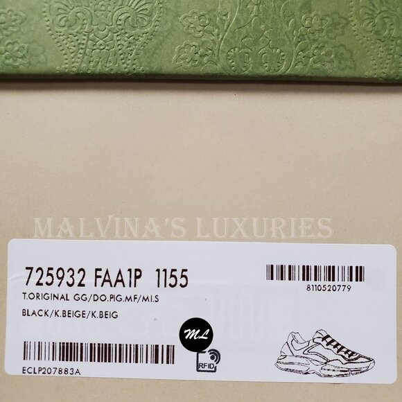 GUCCI SNEAKERS MENS RHYTON BLACK GG SUPREME BROWN LEATHER SHOES sz 8 8.5 - Picture 15 of 16